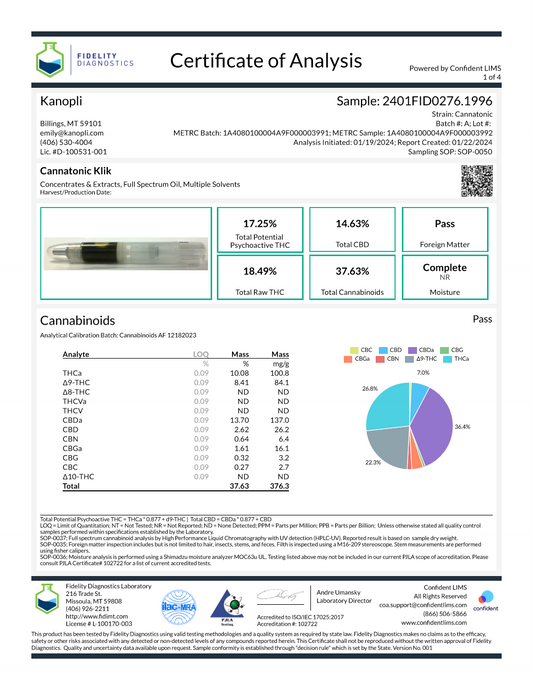 Cannatonic FECO in KLIK 1:1 (CBD:THC) Ingestible Concentrate (1.50 gram)