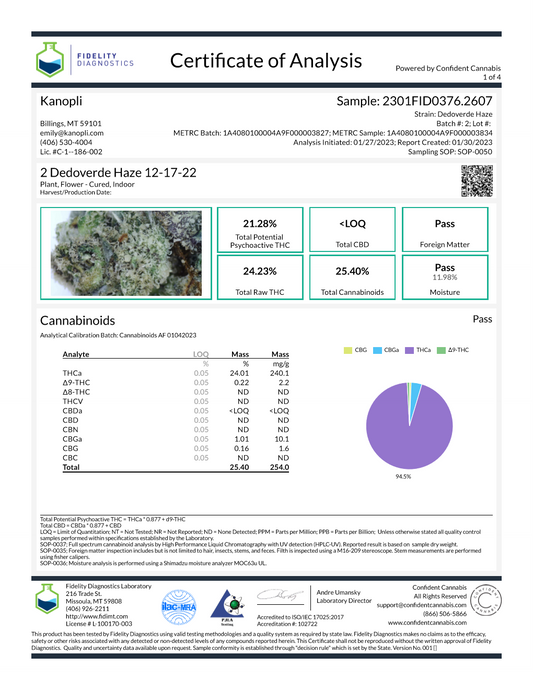 1/4 oz. Dedoverde Haze - Hybrid bud (21.28% THC) Dec. 2022 (7 grams)